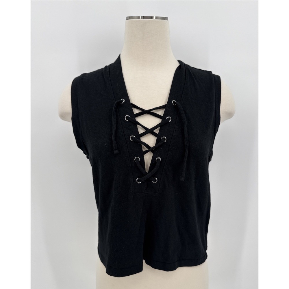 Amo Womens Black Lace Up Muscle Tank Size Small Minimalist 100% Cotton USA Made